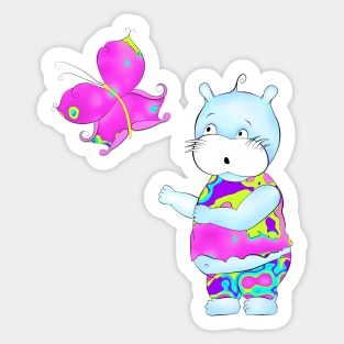 Cute hippie hippo looking at butterfly Sticker